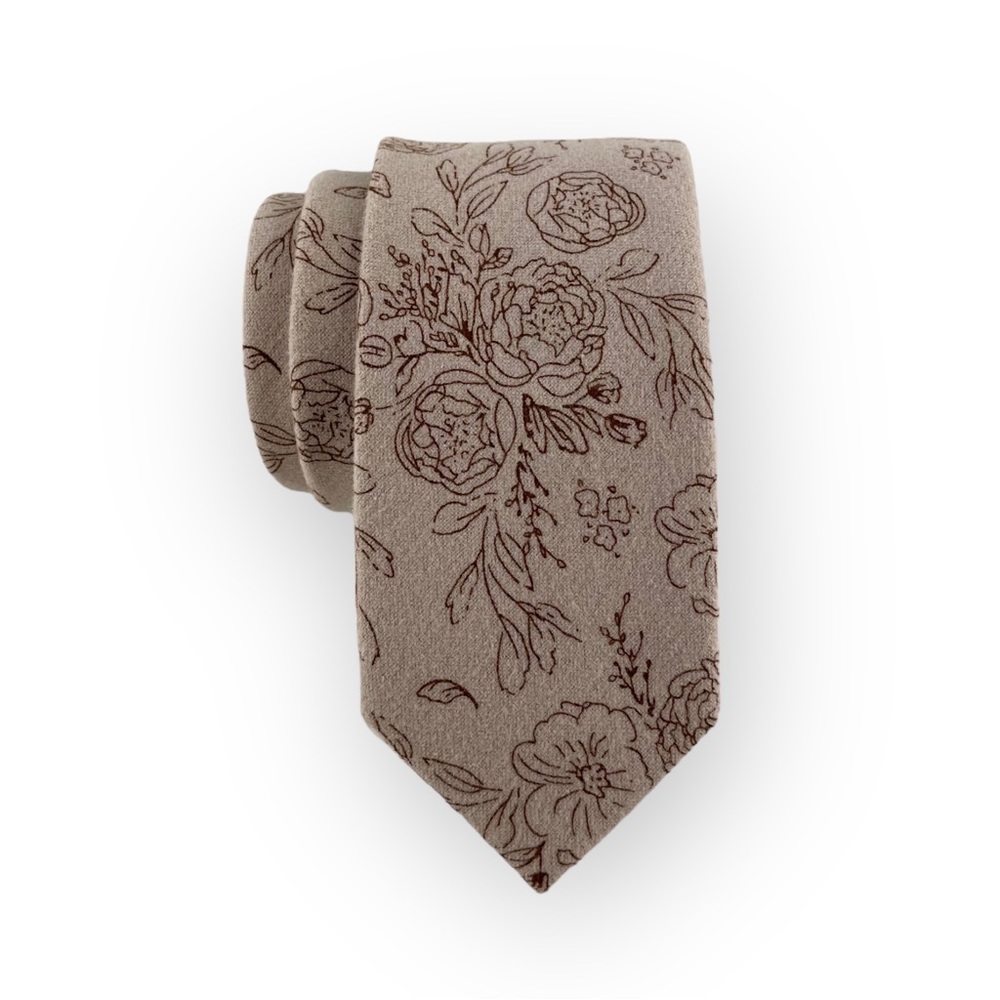Men’s Greige Taupe Floral Necktie, Slim 2.75” Wedding Groom Tie